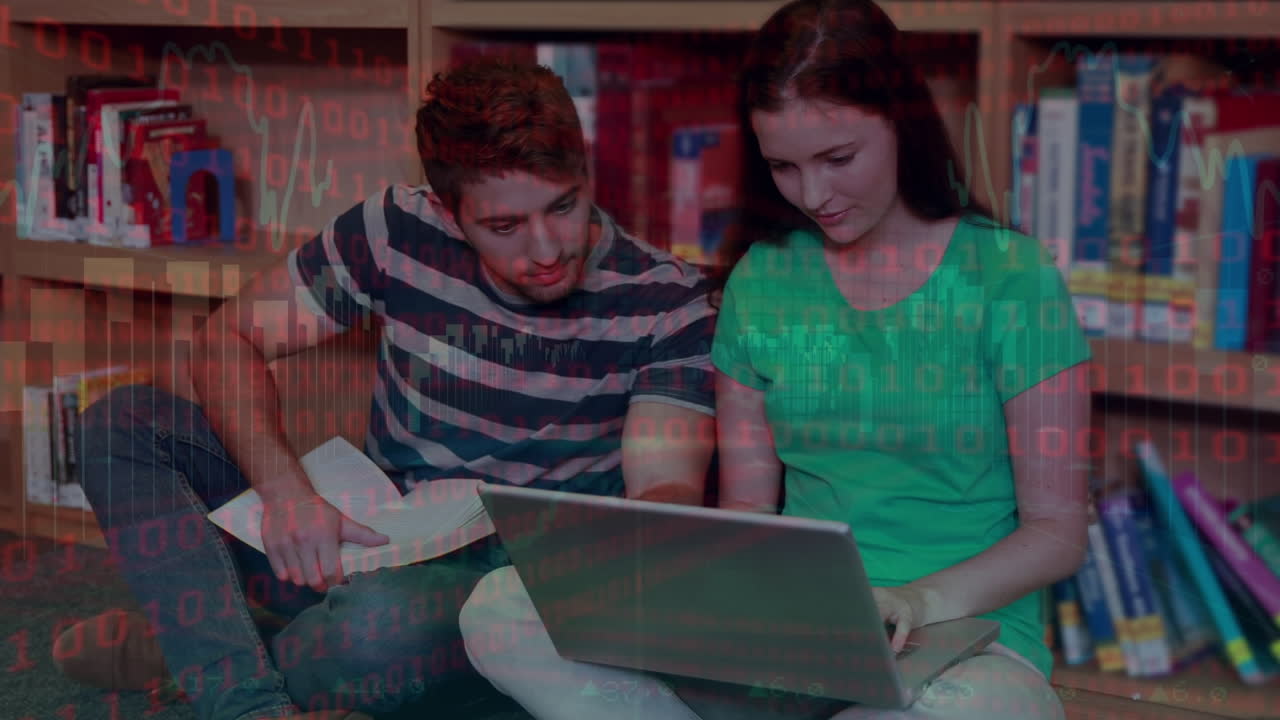 animación de procesamiento de datos sobre estudiantes caucásicos hablando