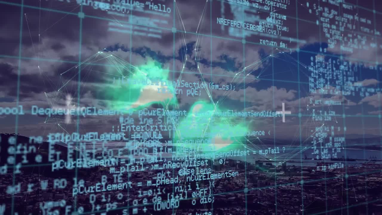 도시 풍경 위의 연결 및 데이터 처리 세계관의 애니메이션