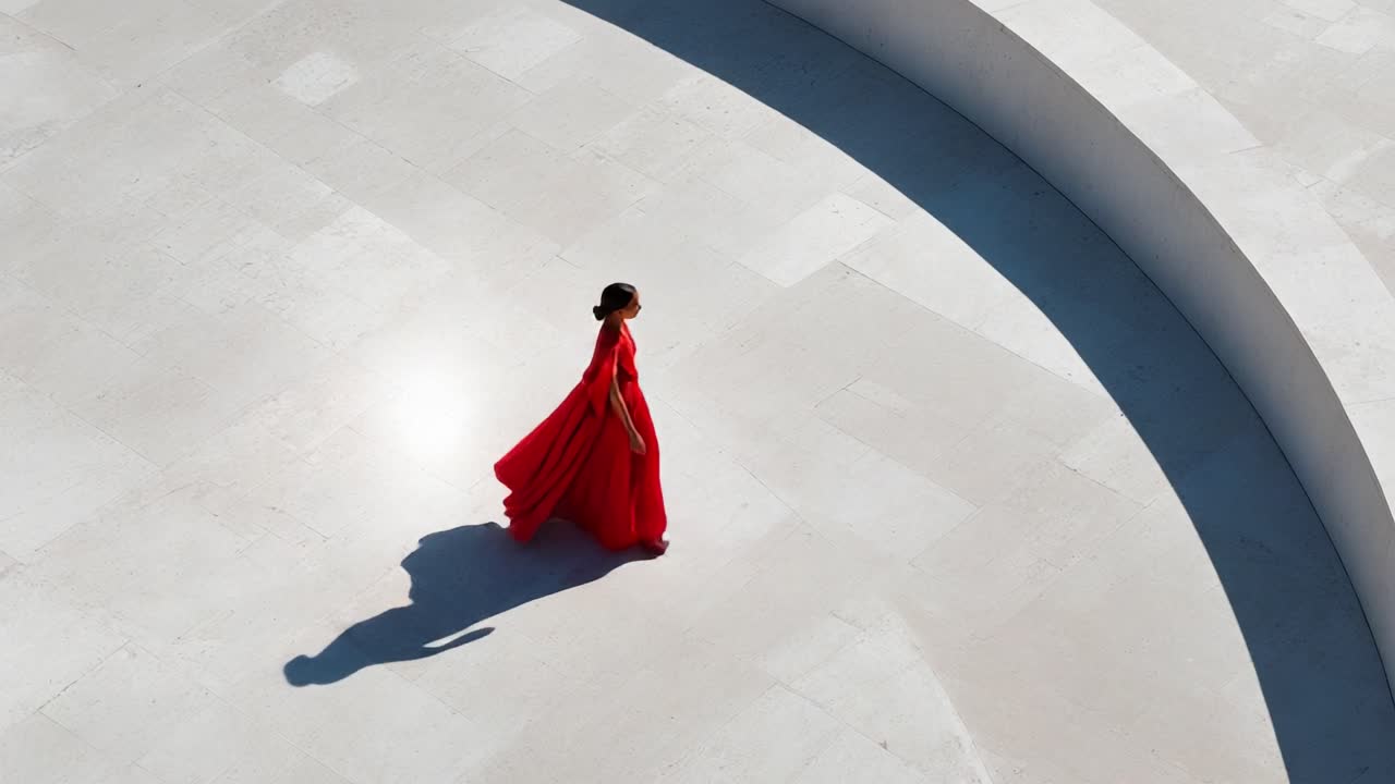 A Striking Woman in a Flowing Red Dress Elegantly Walks Across a Modern Minimalist Landscape, Capturing the Essence of Style and Grace Against a Softly Curved Background