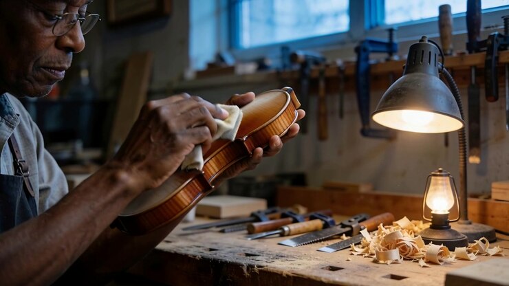 Raising violin, senior luthier wearing apron inspecting finish, rubbing cloth on bench, copy space