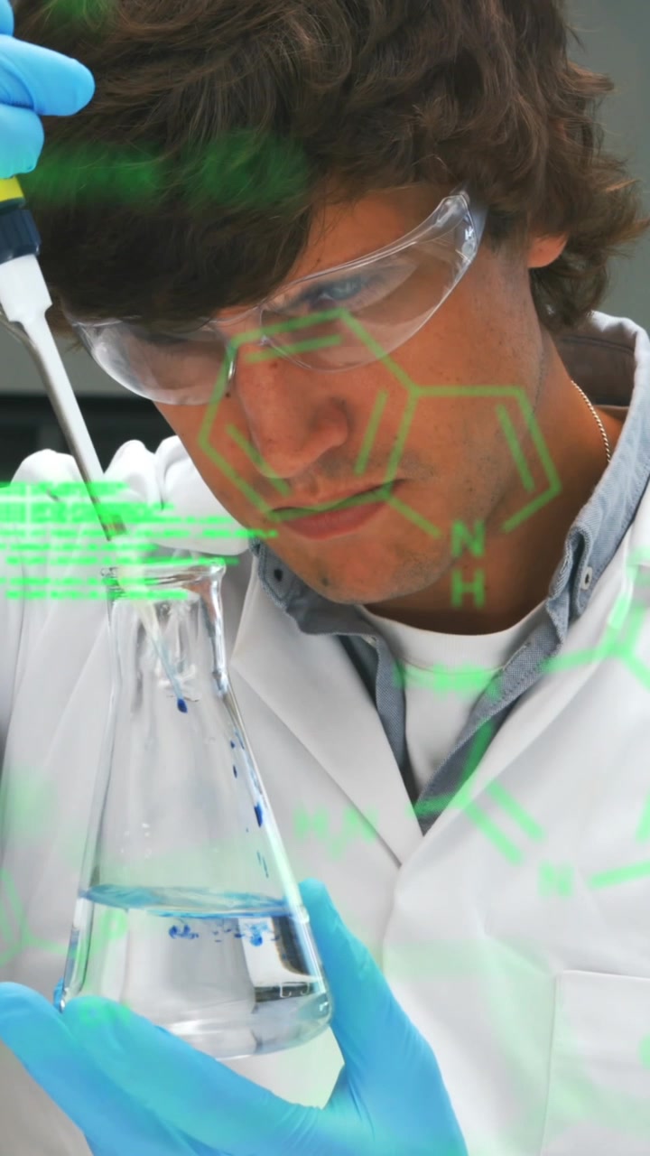 Animation of scientific data processing over of caucasian male lab worker