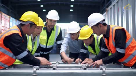 a team of engineers or workers collaborating on industrial equipment