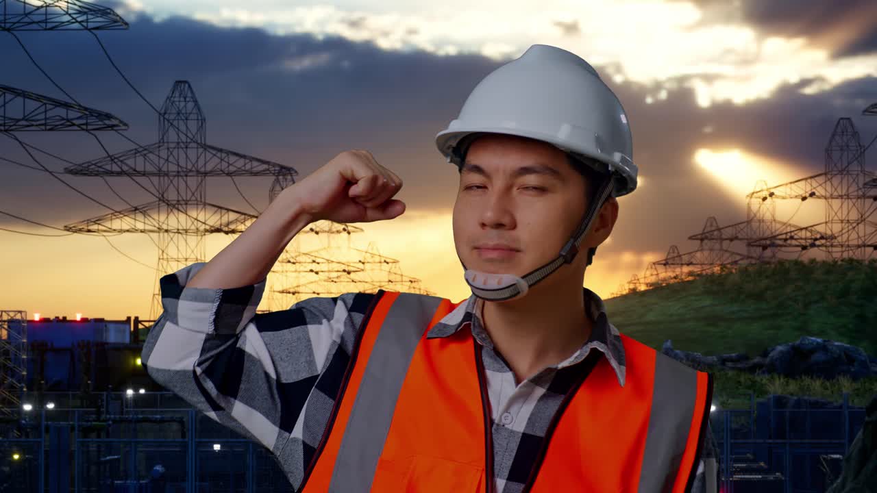 안전 헬을 착용한 아시아 남성 엔지니어가 고전압 타워 근처에 서서 이를 구부리고 카메라에 미소 짓고 있습니다.
