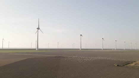 Windkraftanlage-Windmühlen-Mit-Vögeln,-Die-über-Das-Land-Fliegen,-Während-Ein-Traktor-Den-Boden-Pflügt