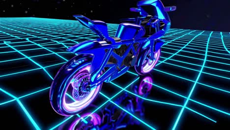 motocicleta retro futurista en un fondo de cuadrícula de neón