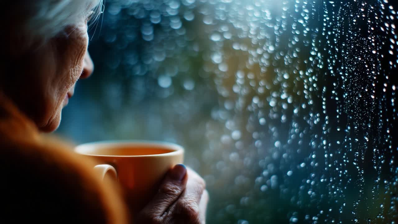 Contemplation by the Window: An Elderly Person Reflects on Life with a Warm Cup of Tea or Coffee While Raindrops Patter Against the Glass, Creating a Soothing Atmosphere