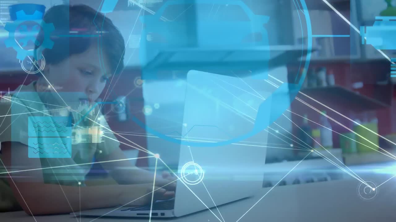 animación de una red de conexiones sobre un niño usando una computadora portátil