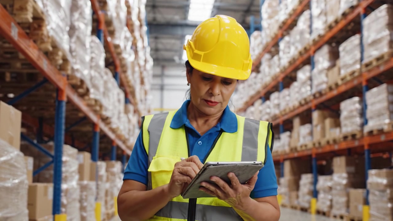 Un diligente magazziniere che indossa un cappello e un giubbotto di sicurezza effettua un controllo dell'inventario, osservando attentamente gli scaffali organizzati e impilati con scatole.