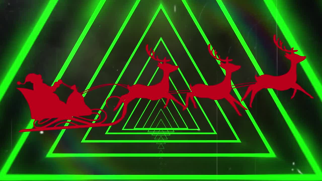 animación de santa en trineo sobre formas en movimiento