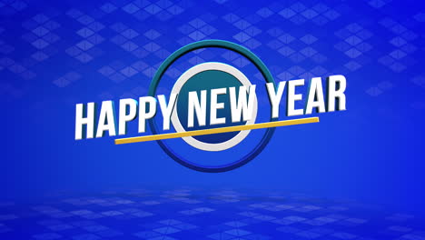 texto moderno de feliz año nuevo en triángulos azules patrón geométrico