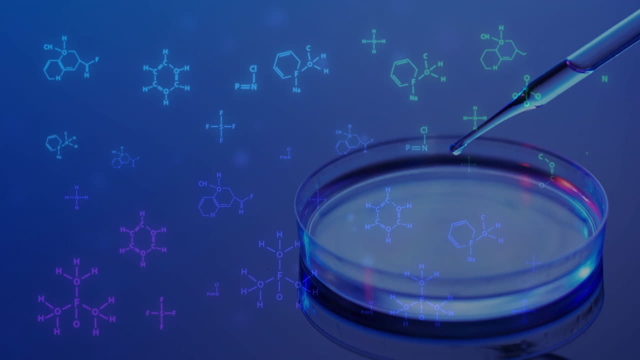 Animation of scientific data processing over pipette and dish in laboratory