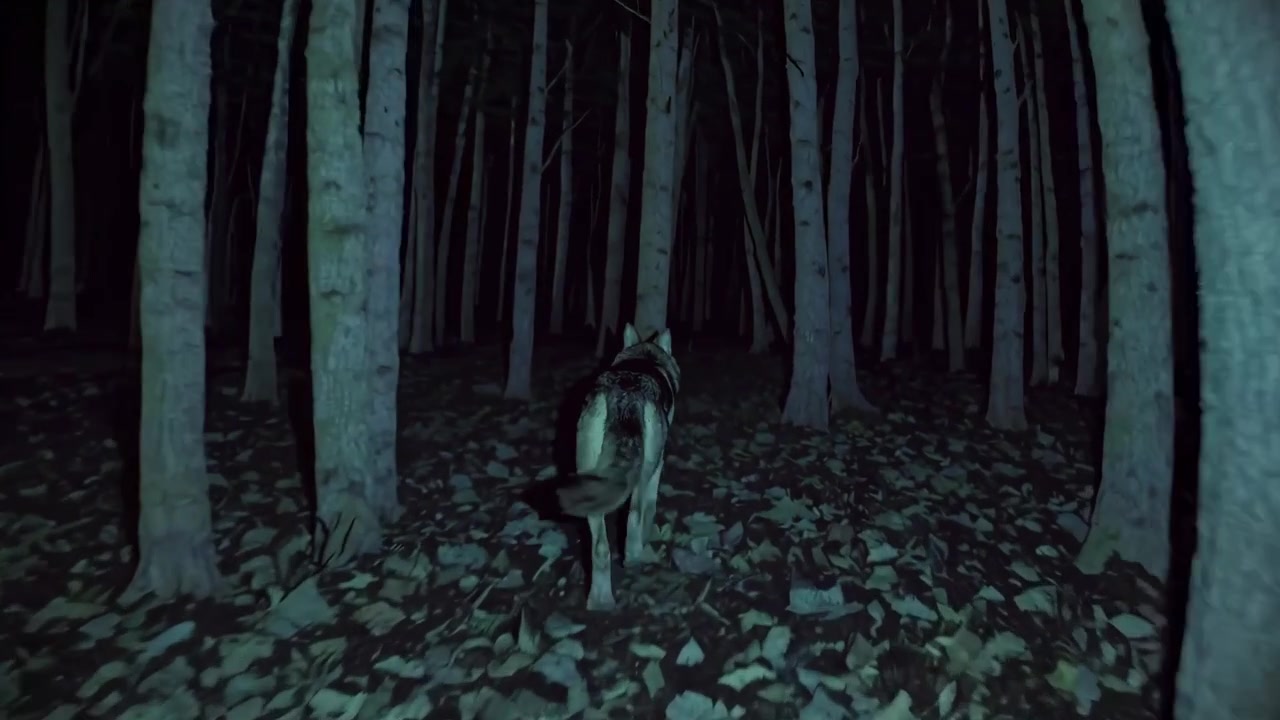 Ulv går gennem uhyggelig mørk skov om natten