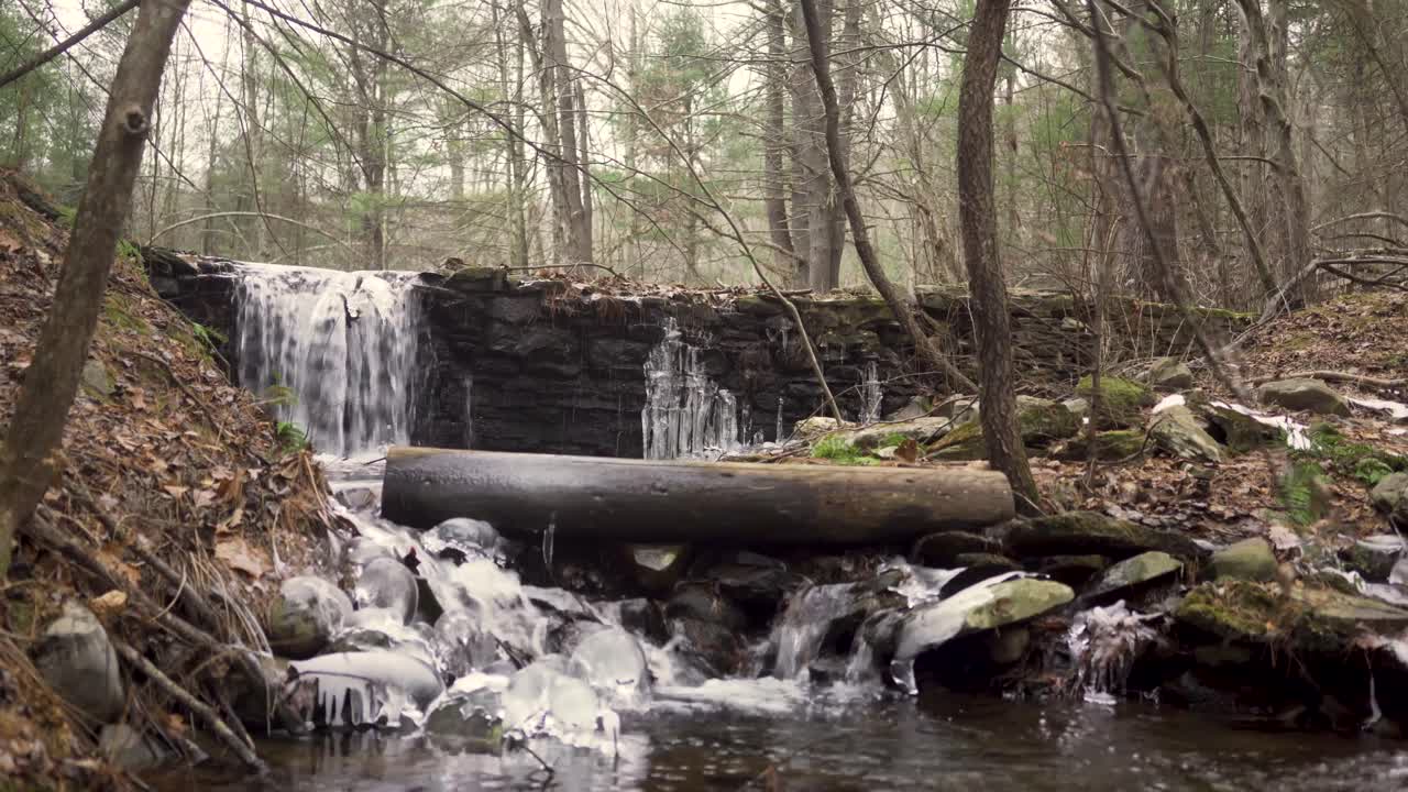 Static shot of a Small waterfall in winter that is half frozen in the middle of a Forrest