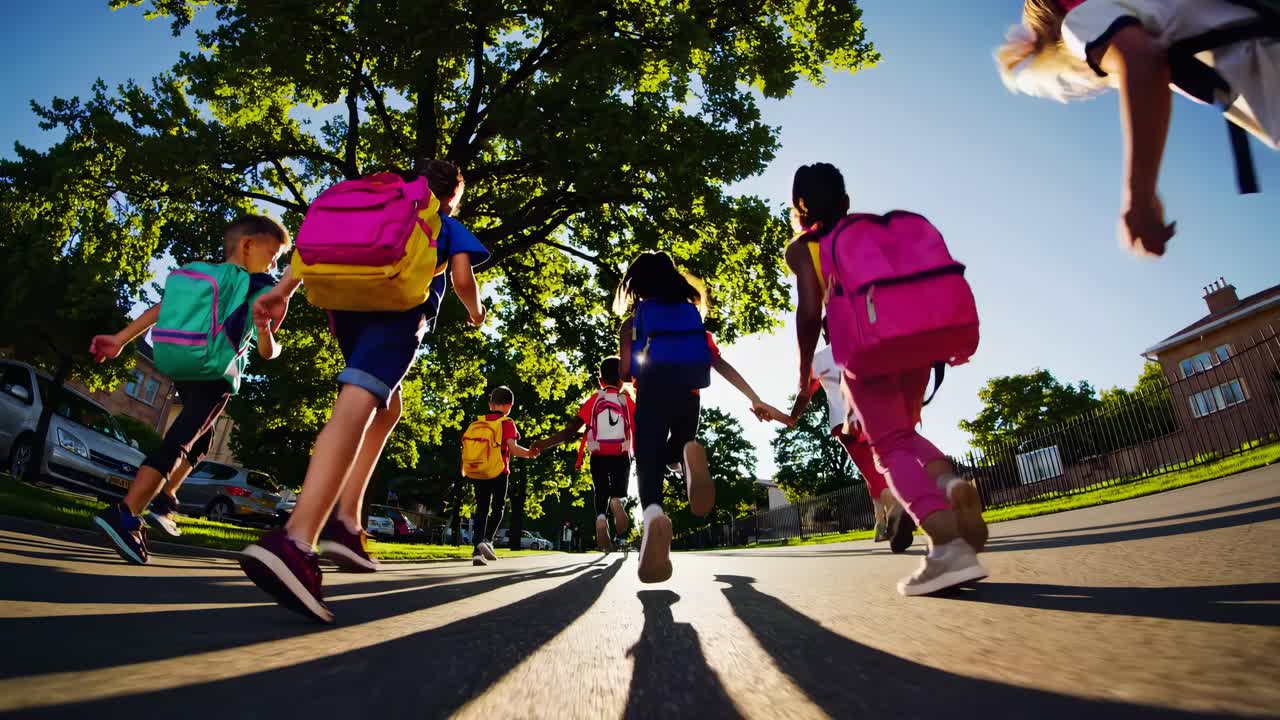 Low-angle video shot of children with colorful backpacks running on a sunny street, capturing energy