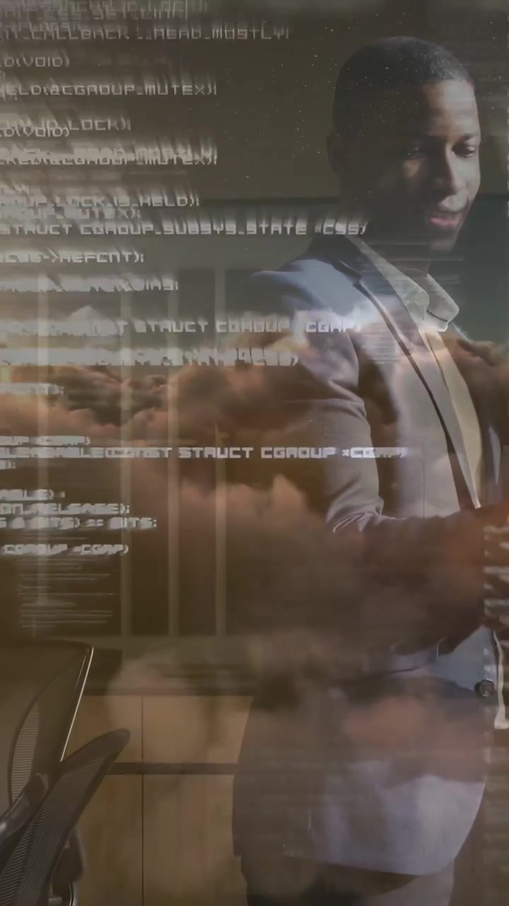 Vertical video: Man tapping device in meeting starting cloud code around him while reviewing