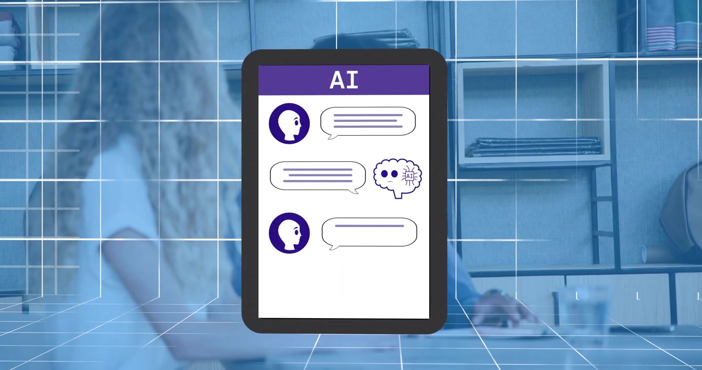 Digitalt gitter vises, AI-tablet fylder bobler, tech-team mødes over kaffe og ser på skærmen.