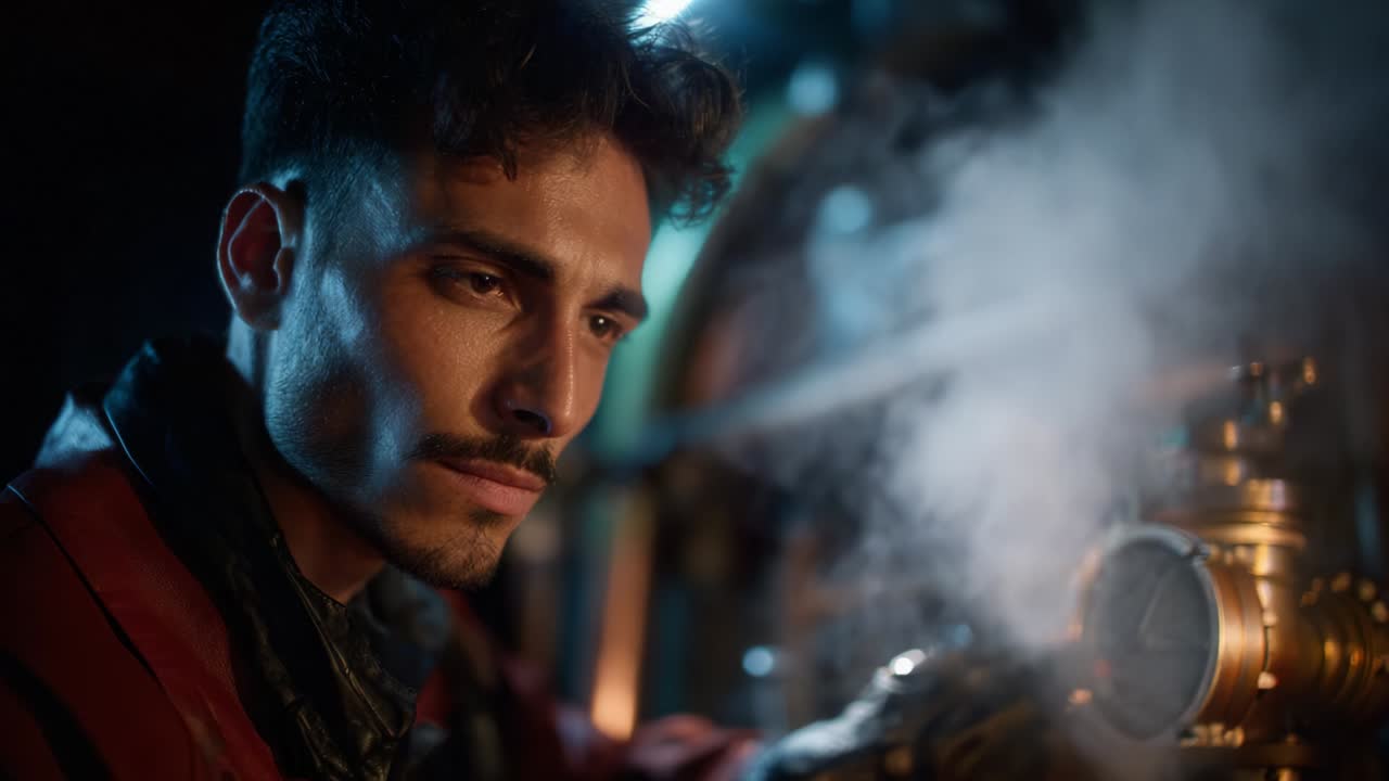 A focused engineer intently examines machinery in a dimly lit environment, surrounded by the ambient glow of technology and wisps of steam, illustrating dedication and expertise in a captivating atmosphere