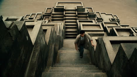 man navigating a complex concrete maze of stairs