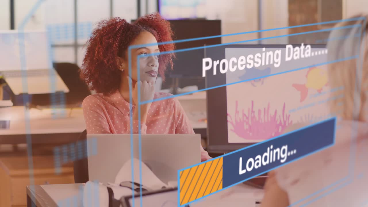 Woman working at tech desk pausing as processing data overlay loading bar, lifting head, thinking