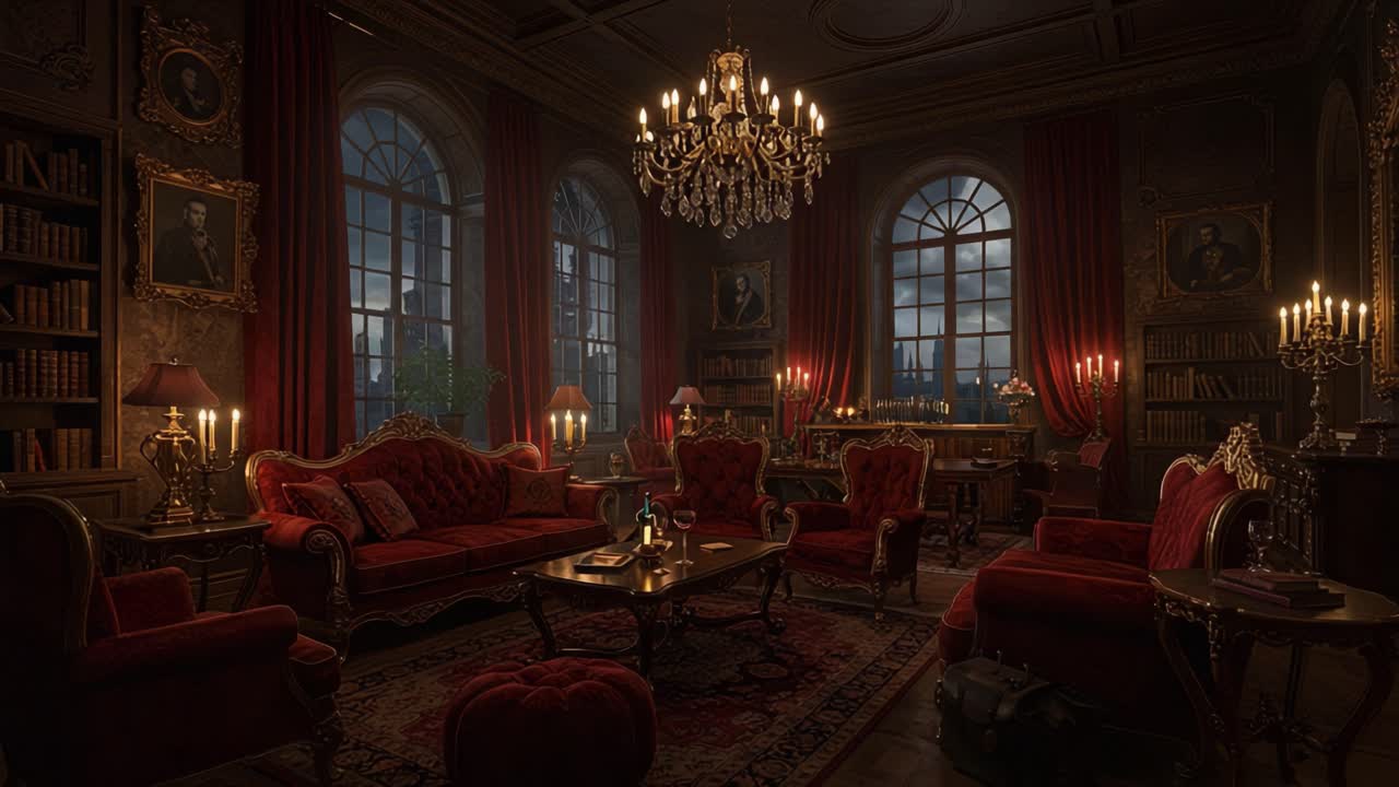 Elegant Victorian Library with Rich Red Furnishings, Antique Artifacts, and Warm Candlelight, Exemplifying Luxurious Historical Design and Cozy Atmosphere
