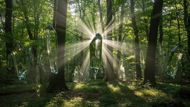 A Mystical Forest Scene with Glimmering Crystals and Sunlight Streaming Through the Trees, Creating an Enchanting Atmosphere of Natural Beauty and Magic