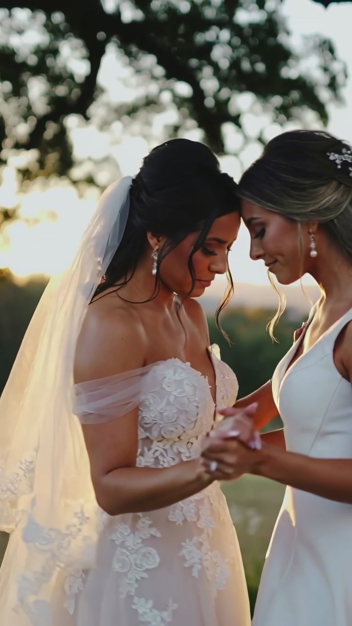 Loving Brides Holding Hands and Touching Foreheads at Sunset