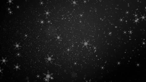 digital animation of snowflakes and white particles falling against black background