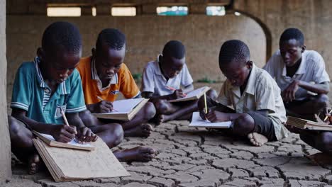 students working diligently in challenging learning environment, writing on notebooks while seated on cracked clay floor under basic shelter's protective shade