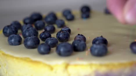 Männliche-Hand,-Die-Bunte-Streusel-Auf-Blaubeerkäsekuchen-Streut