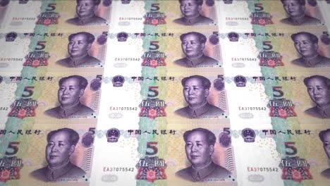 banknotes of five renminbi chinese rolling on screen, cash money, loop