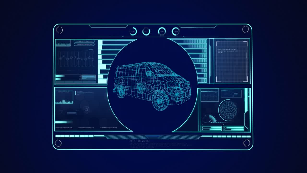Animation of 3d car drawing and data processing on screen