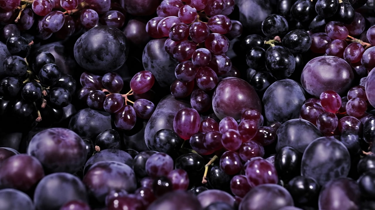 Closeup Purple Grapes Piled Together Glossy Clusters And Plums Fill Frame With Dewy Skin, Deep Violet