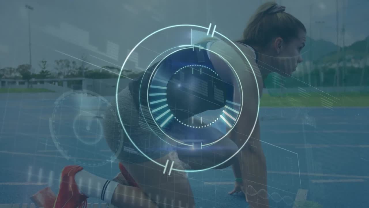 animación de escaneo de alcance y procesamiento de datos sobre mujer caucásica corriendo en el estadio
