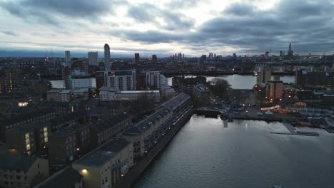 Apartments-in-London-UK-Docklands-evening-panning-Drone,-Aerial,-view-from-air,-birds-eye-view