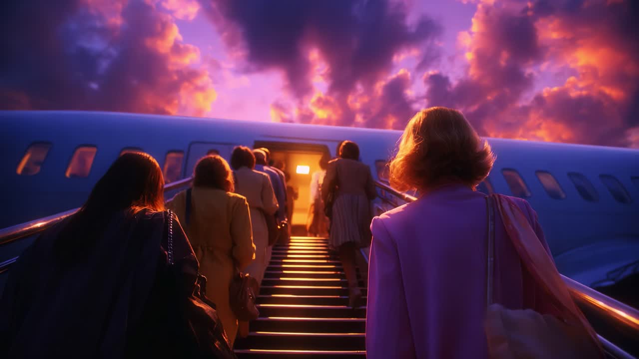 Passengers Embarking on a Flight as the Sky Glows with Purple and Orange Hues During Sunset, Creating a Dreamlike Atmosphere and Evoking a Sense of Adventure and Anticipation for Their Journey