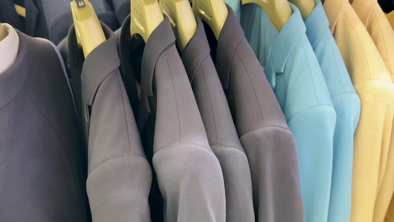 Men's Formal Blazers Hanging on Rack Inside Modern Clothing retail Store