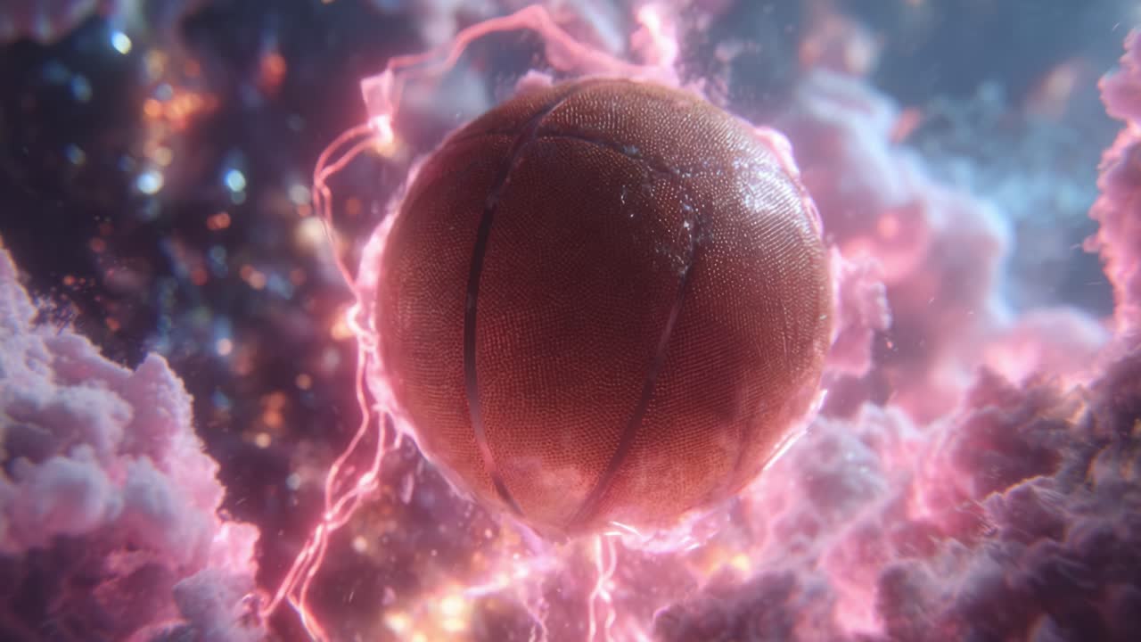 A Cosmic Journey of a Basketball Amidst Electric Energy and Celestial Clouds: Explosive Visuals of Sport and Imagination Unite in a Stunning Display