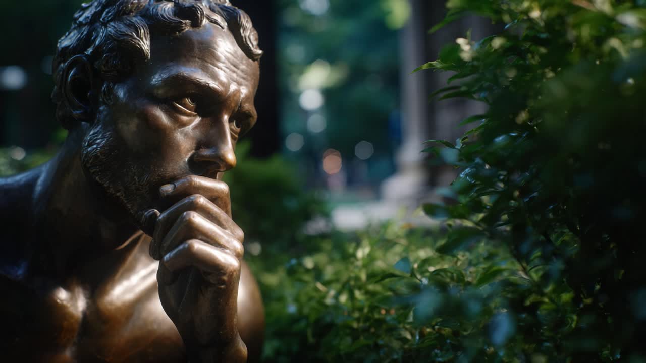 A Pensive Bronze Sculpture Reflecting Thought Amidst Lush Greenery Captured in Outdoor Ambient Light, Evoking Contemplation and Serenity in Natural Surroundings