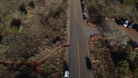 Top-down-aerial-view-of-Boynton-Canyon-Pass-Road-in-Sedona-Arizona