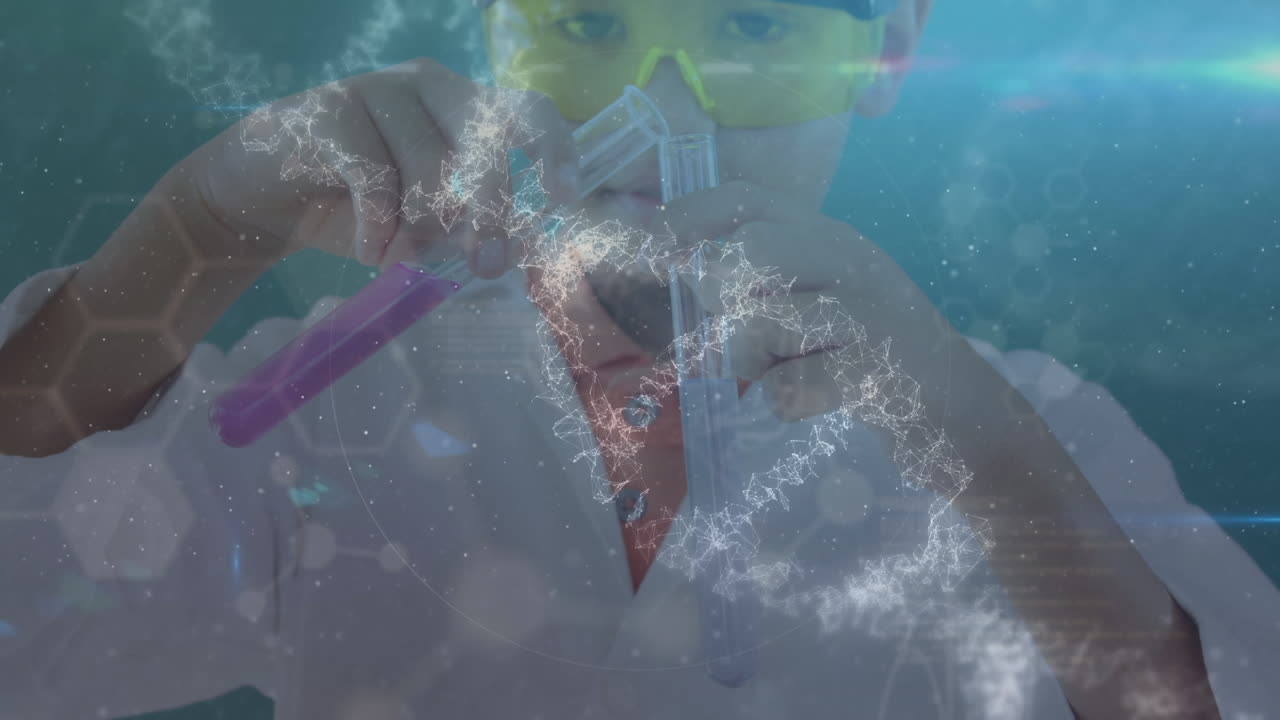 스 원과 dna 구조의 애니메이션 백인 소년이 실험 튜브에 화학 물질을 부어