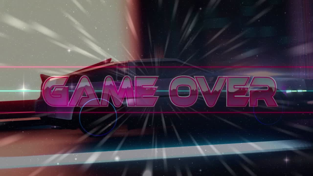 Radial warp starting 3D GAME OVER forming, scanlines slicing letters, car receding, gaming ending