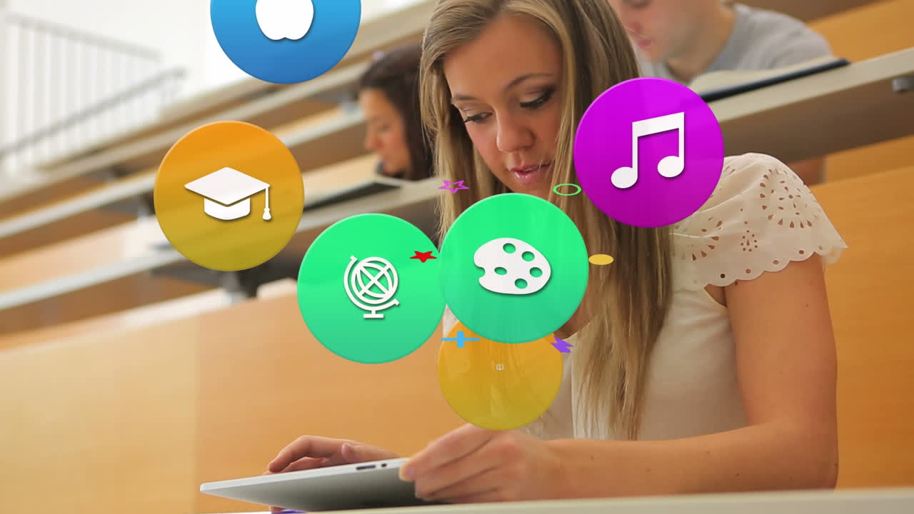 animación de iconos coloridos sobre una estudiante caucásica usando una tableta