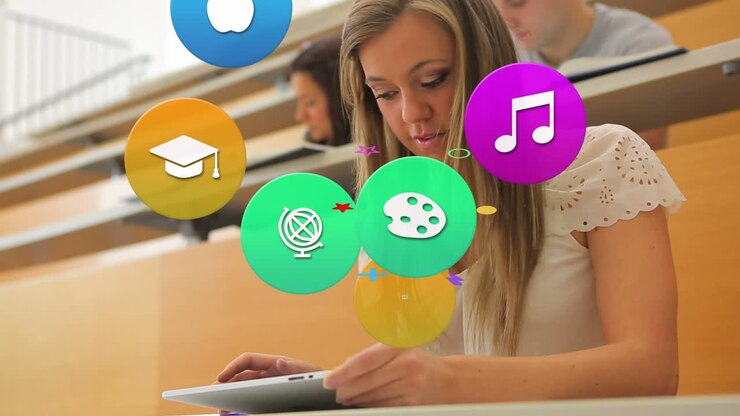 Animation of colorful icons over caucasian female student using tablet