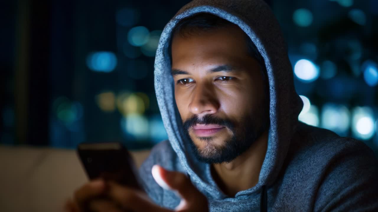 Una persona concentrata con una felpa con cappuccio che guarda il suo smartphone, circondata da un ambiente urbano con illuminazione soffusa, che illustra momenti di concentrazione e utilizzo della tecnologia