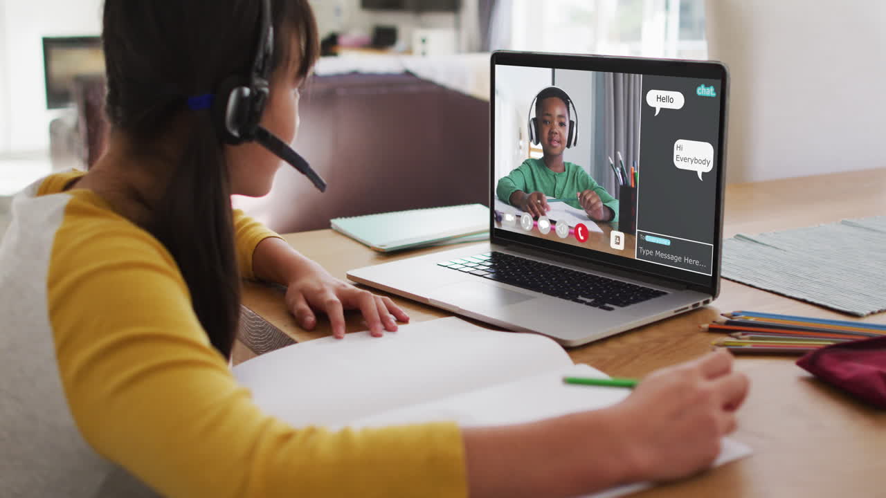 Composite of girl using laptop for online lesson at home, with diverse teacher and class on screen