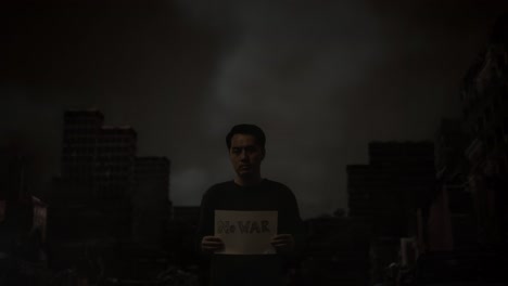 a man holding a "no war" sign in a desolate city