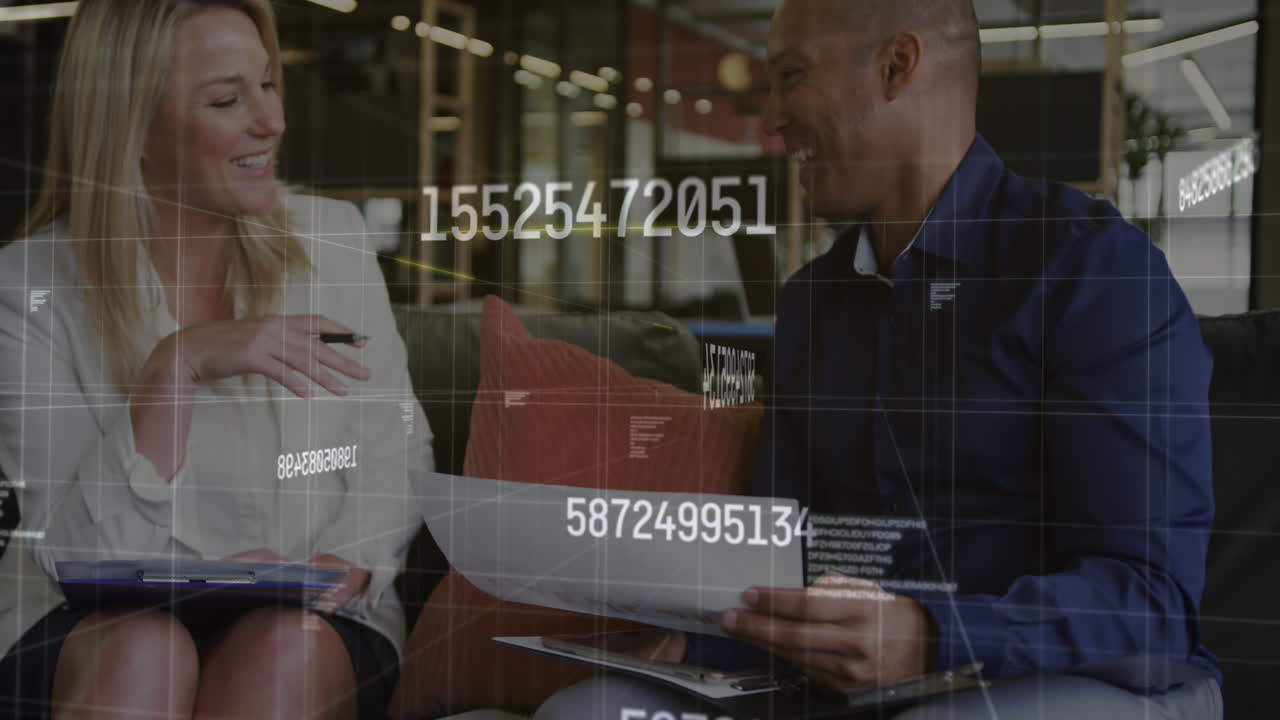Animation of financial data processing over diverse business people in office