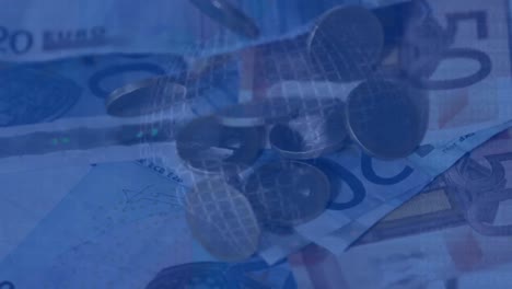 Animation-Der-Finanzdatenverarbeitung-über-Euro-Währungsmünzen,-Die-Auf-Banknoten-Fallen