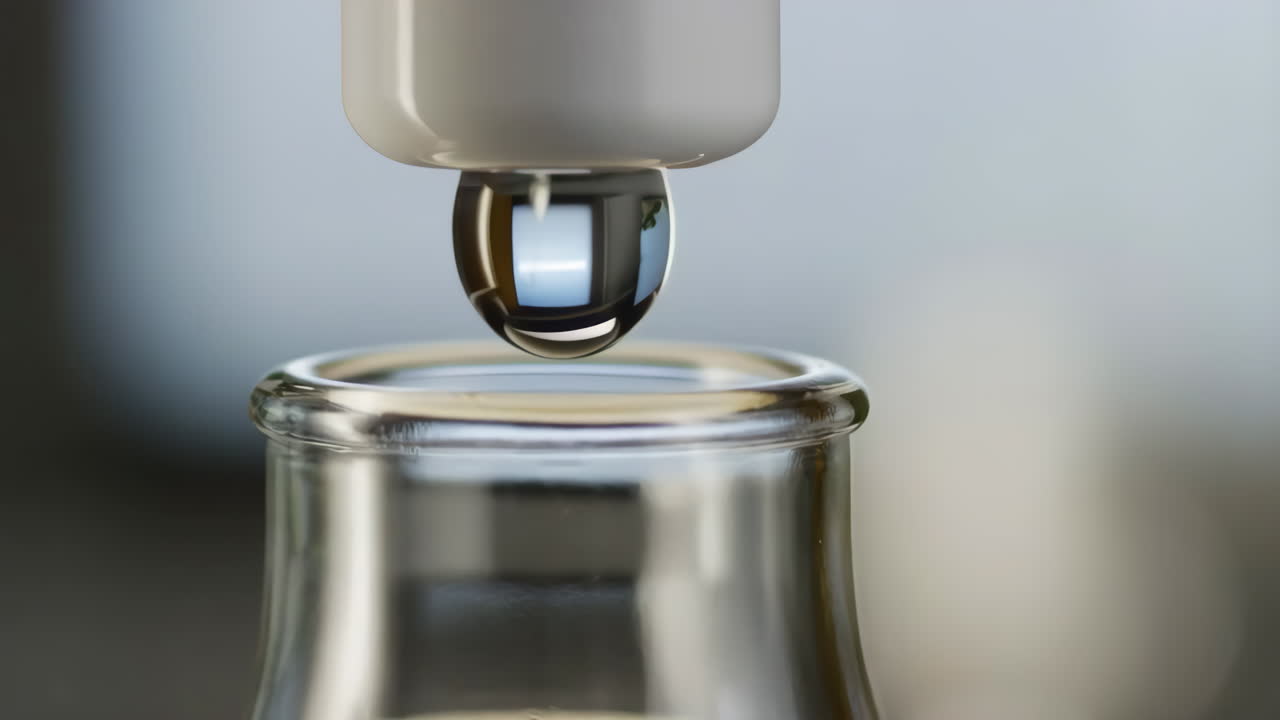 A single water drop falling into a clear glass bottle