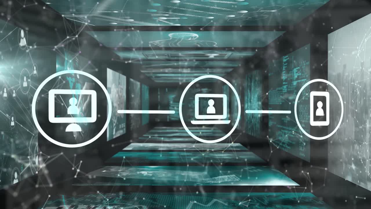 Animation of network of connections over data processing on black background